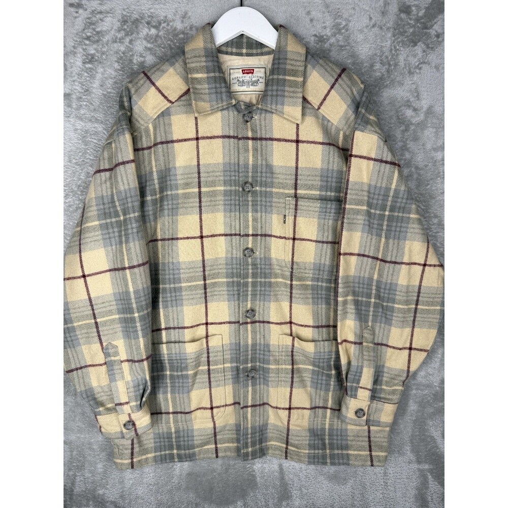 Vtg 90s Levis Chore Coat Mens Medium Oversized Plaid Shacket Wool Blend Button